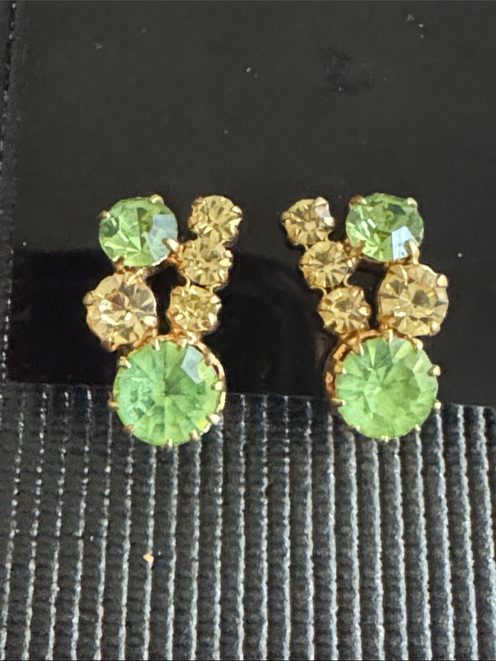 Vintage Green & Pale Yellow Rhinestone Cluster Clip on Earrings